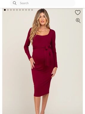 Long-Sleeve Burgundy Tie-Waist Maternity Midi Dress